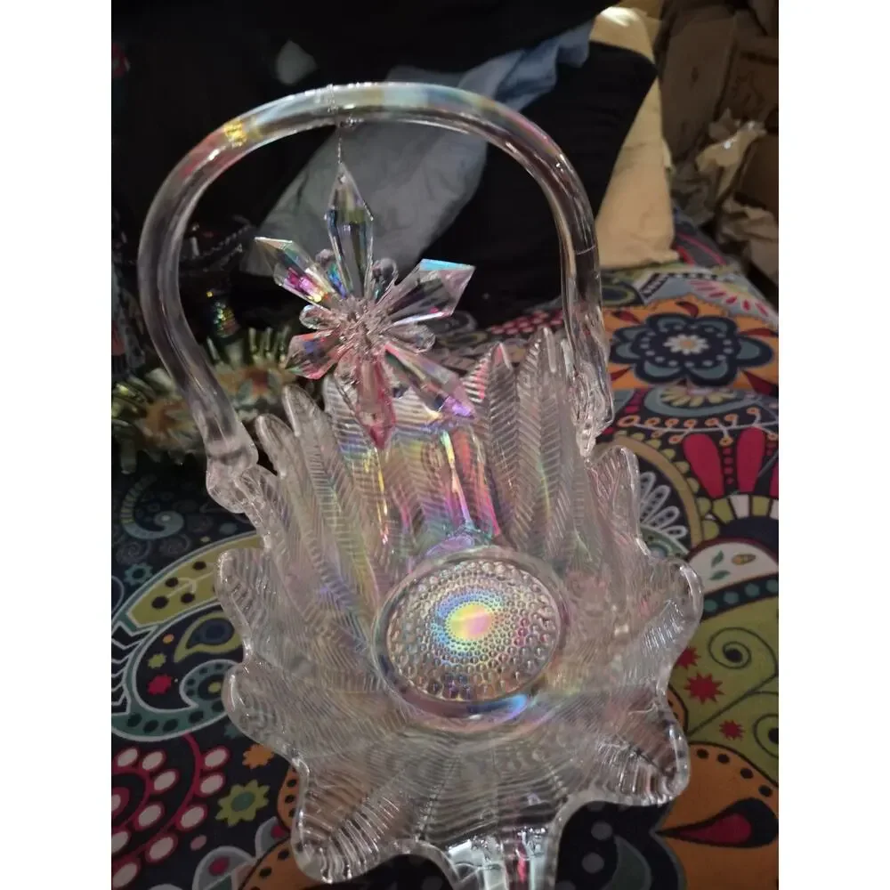 Vintage LE Smith Feather And Fern Crystal Lustre Carnival Glass Basket With